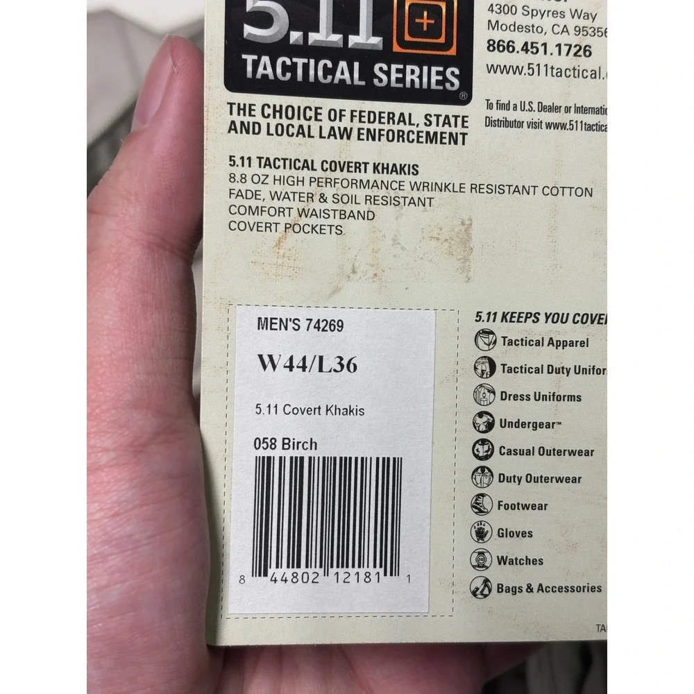 NWT 5.11 511 Tactical Series Men's 44x33 Khaki Covert Zip‎ Pocket Pants 74269